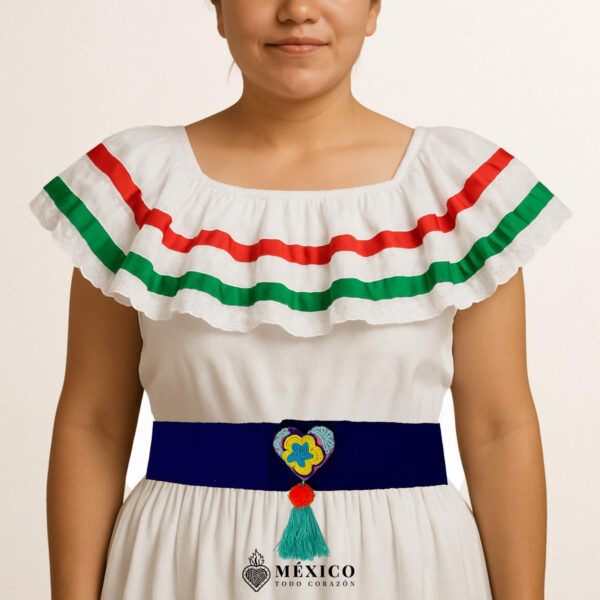 Purple Mexican waist belt featuring a heart embellishment made of multicolor yarn and pom-poms