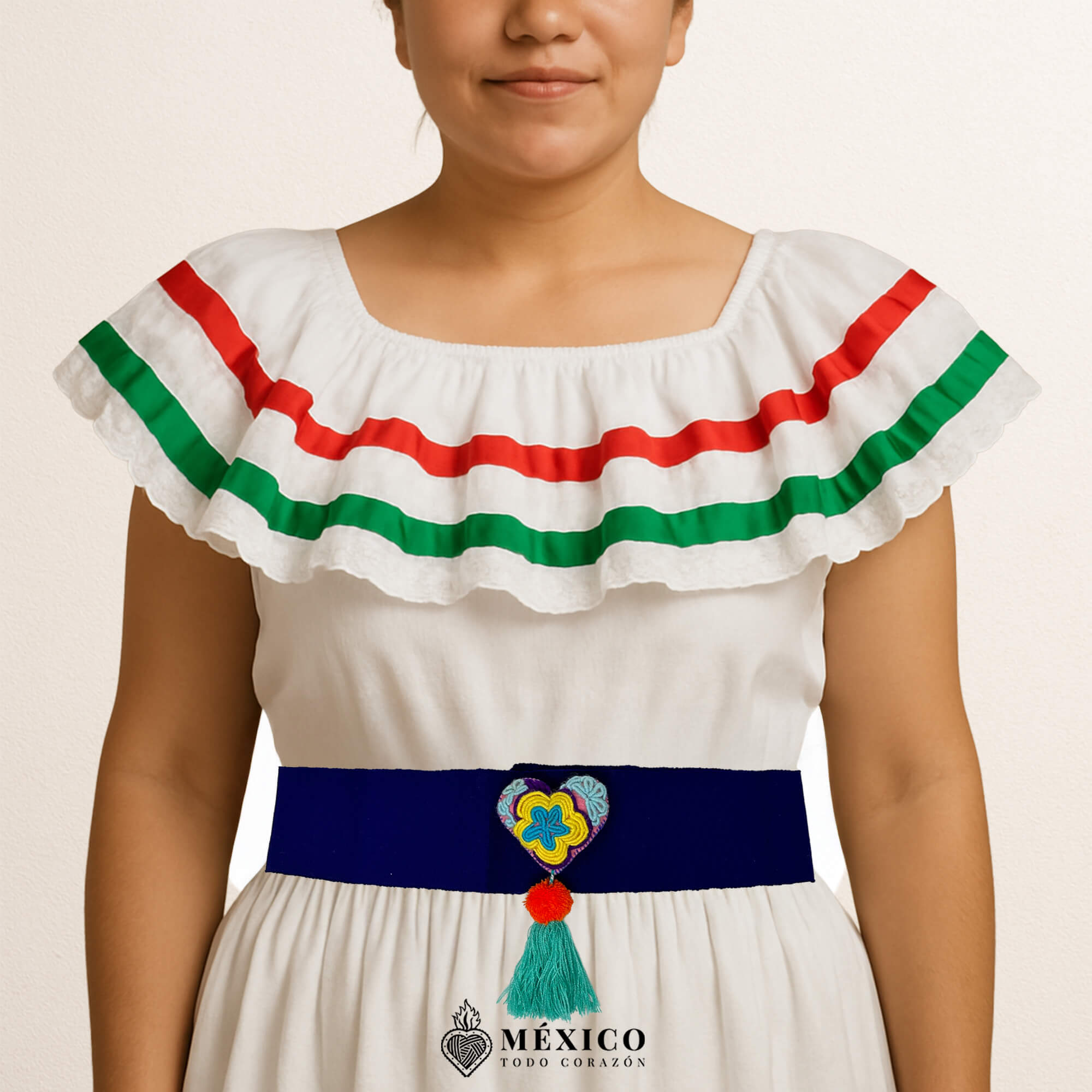 Purple Mexican waist belt featuring a heart embellishment made of multicolor yarn and pom-poms