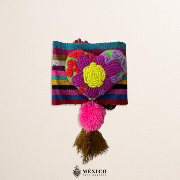Multicolor waist belt featuring a heart-shaped flower embellishment made of multicolor yarn and pom-poms