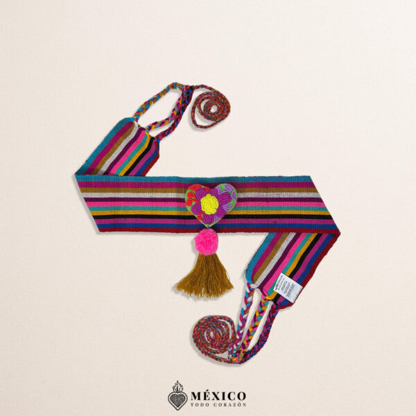 Multicolor waist belt featuring a heart-shaped flower embellishment made of multicolor yarn and pom-poms