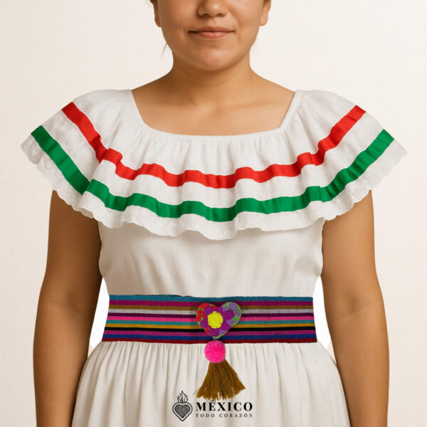 Multicolor waist belt featuring a heart-shaped flower embellishment made of multicolor yarn and pom-poms