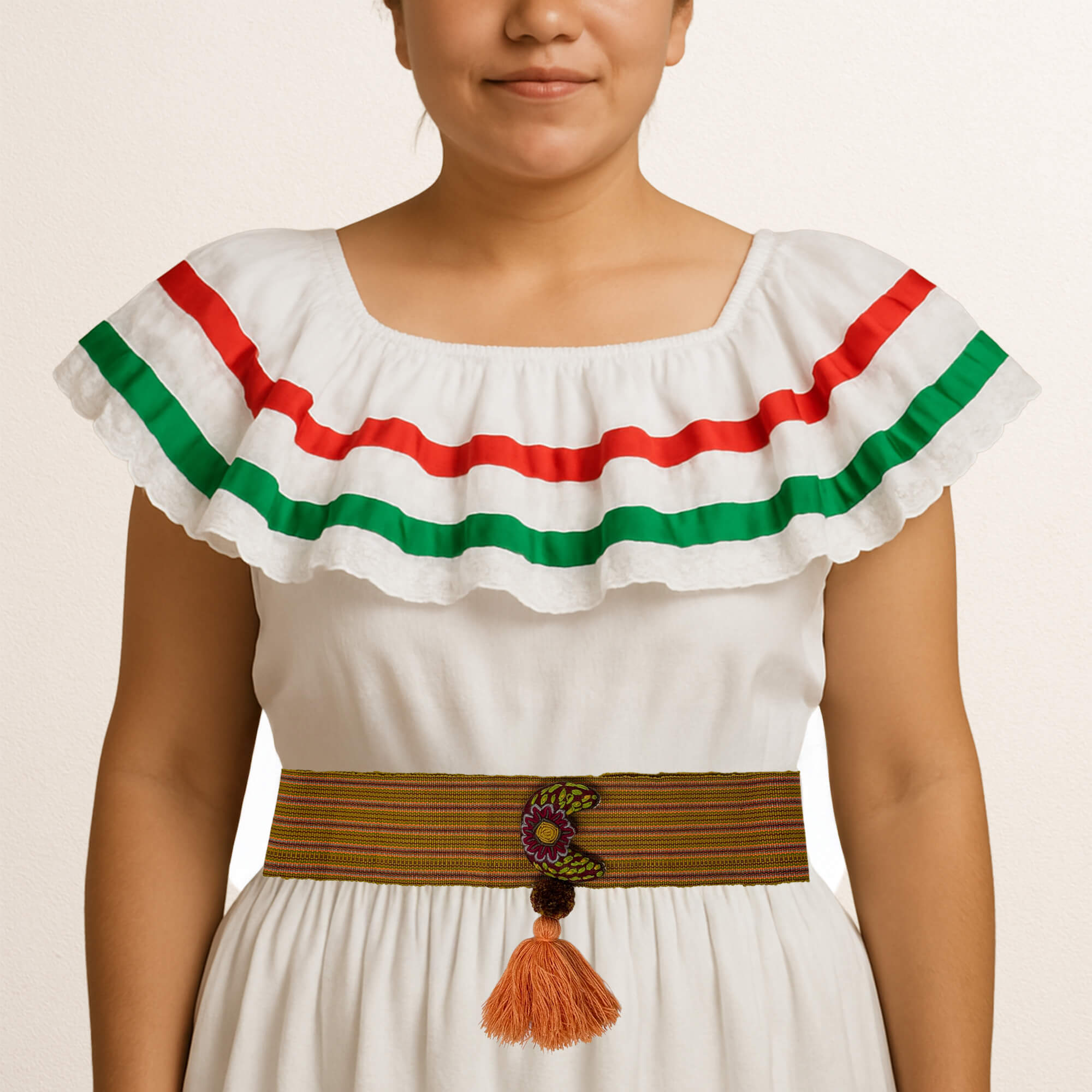 Brown artisan Mexican waist belt featuring a moon embellishment and pom-poms