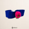 Blue artisan Mexican waist belt featuring a lion embellishment with a pink mane