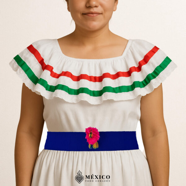Blue artisan Mexican waist belt featuring a lion embellishment with a pink mane