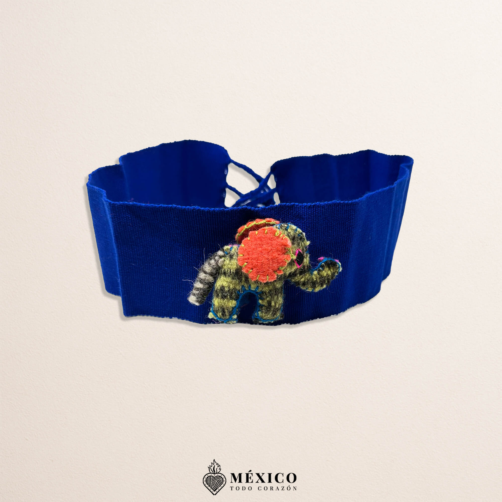 Blue artisan Mexican waist belt featuring an adorable elephant embellishment crafted in yarn and felt