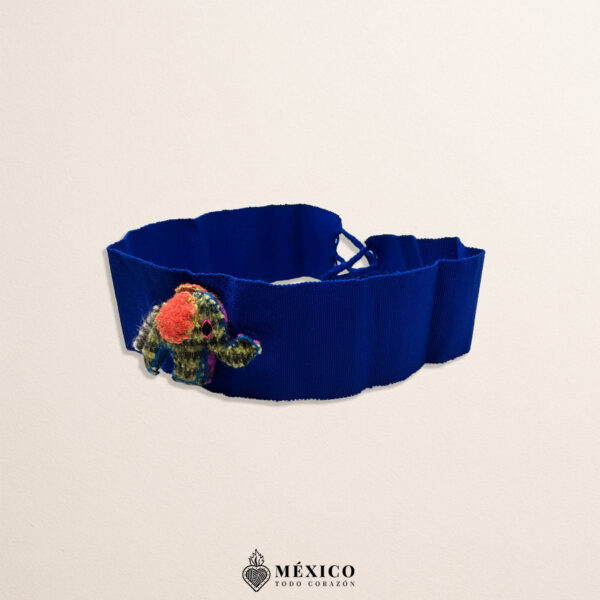 Blue artisan Mexican waist belt featuring an adorable elephant embellishment crafted in yarn and felt