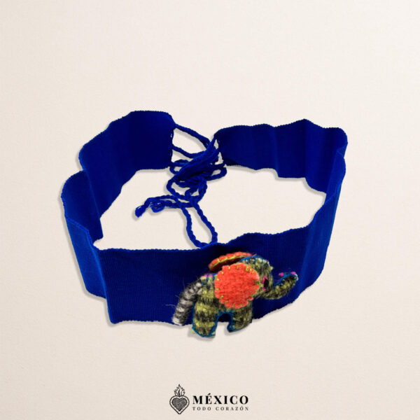 Blue artisan Mexican waist belt featuring an adorable elephant embellishment crafted in yarn and felt