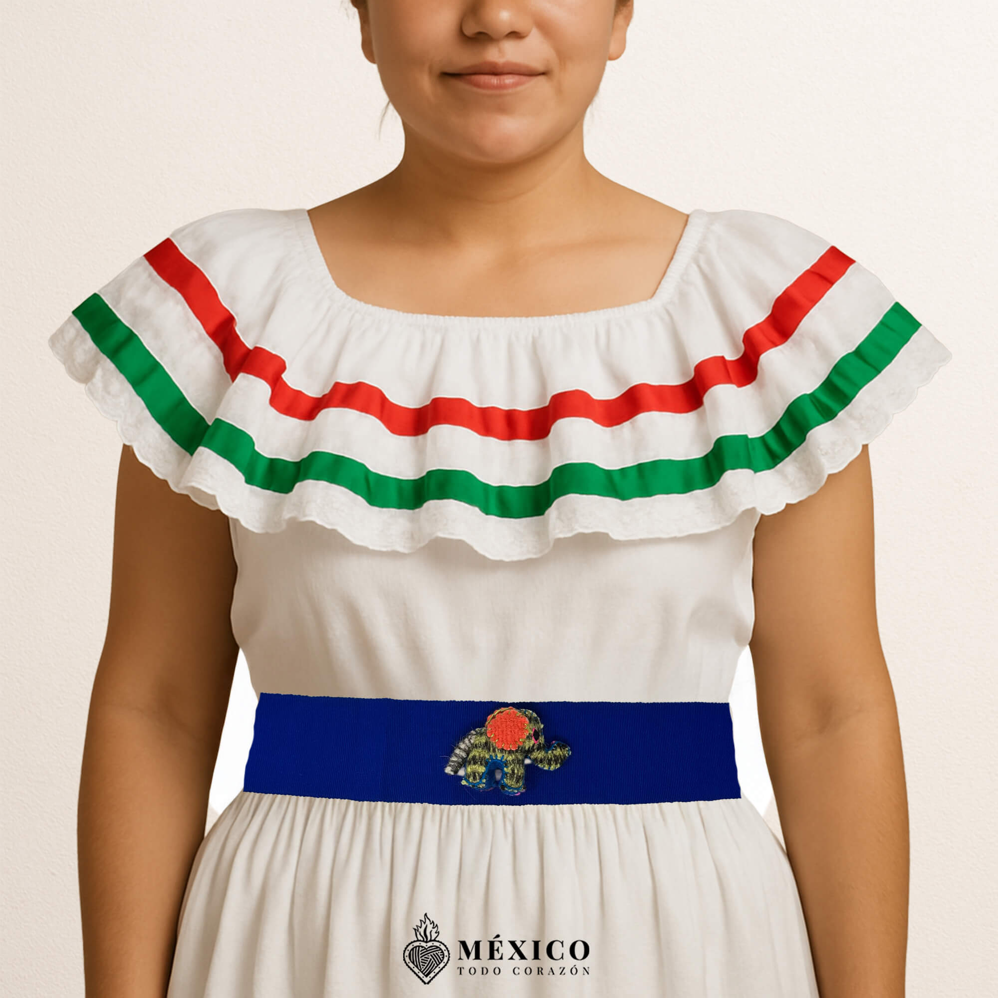 Blue artisan Mexican waist belt featuring an adorable elephant embellishment crafted in yarn and felt