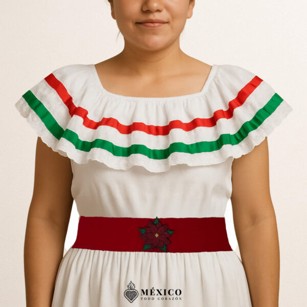 Red Mexican waist belt featuring a poinsettia embellishment crafted in felt