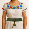 Green artisan Mexican waist belt featuring a floral moon embellishment in felt appliqué