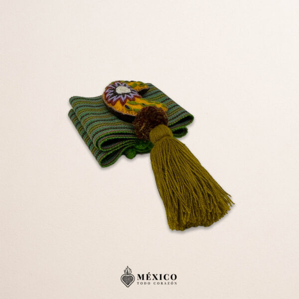 Green artisan Mexican waist belt featuring a floral moon embellishment in felt appliqué