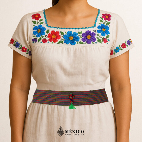 Multicolor artisan waist belt featuring a floral cross embellishment in felt appliqué
