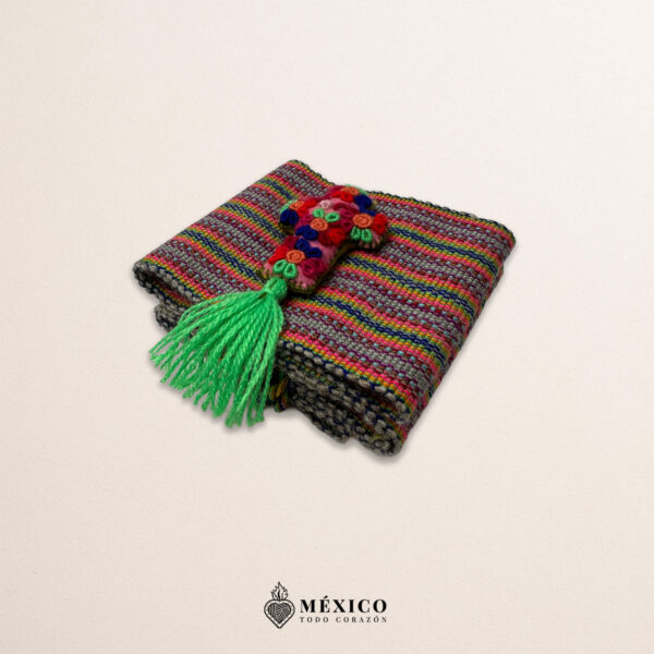 Multicolor artisan waist belt featuring a floral cross embellishment in felt appliqué