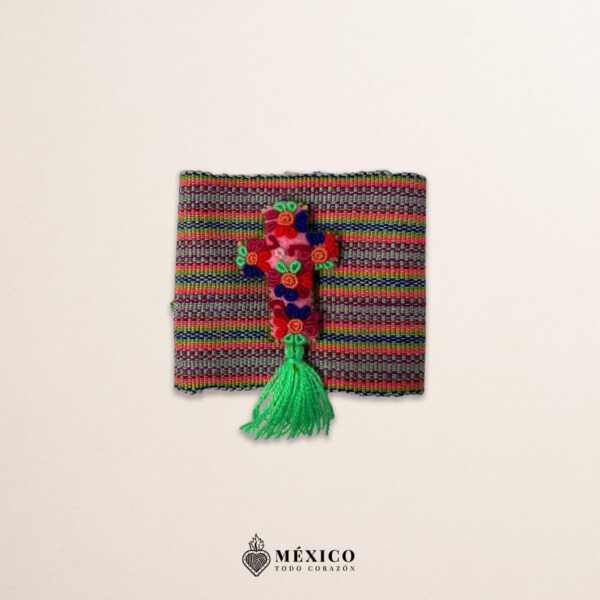 Multicolor artisan waist belt featuring a floral cross embellishment in felt appliqué