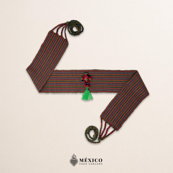 Multicolor artisan waist belt featuring a floral cross embellishment in felt appliqué