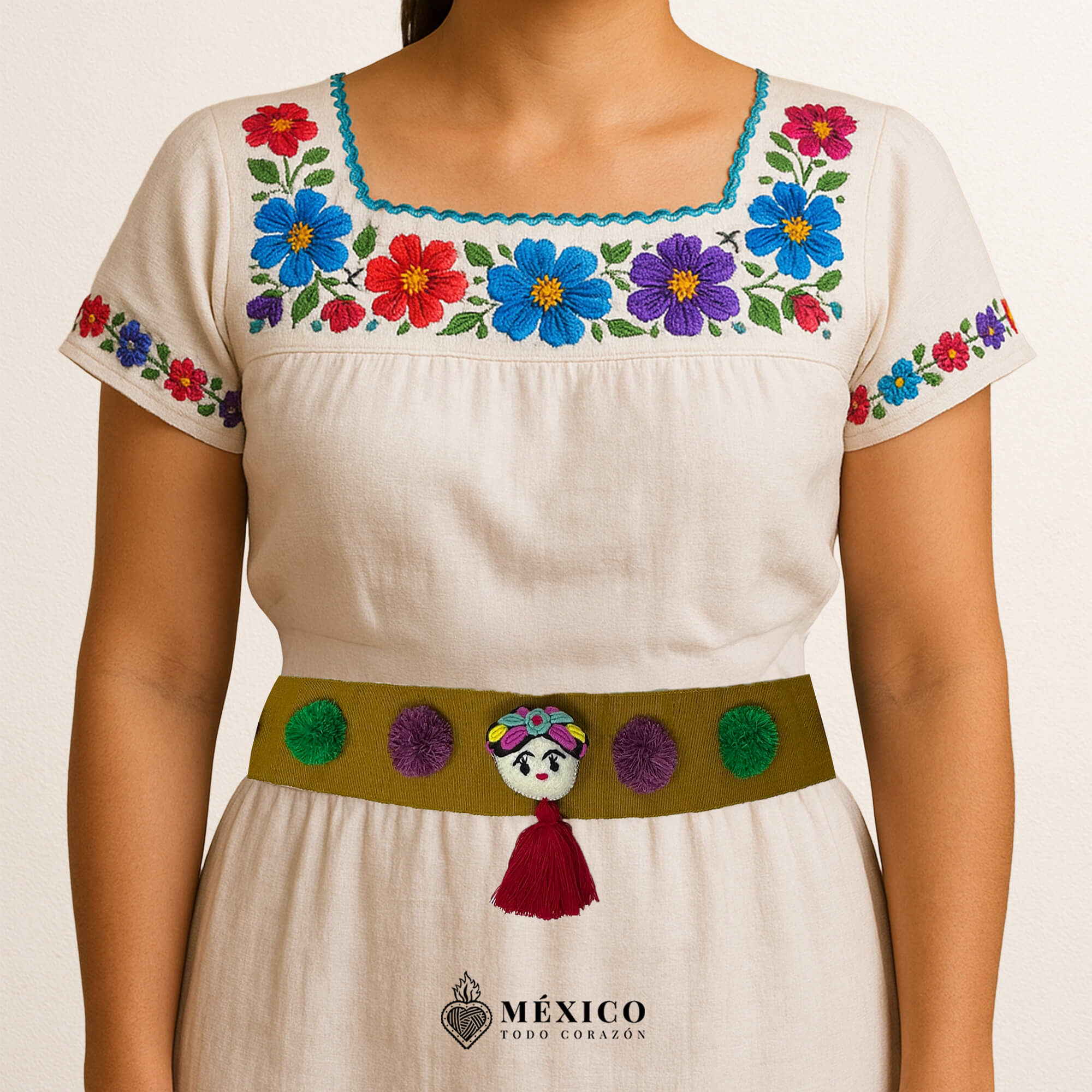 Beige artisan waist belt featuring a Mexican doll embellishment with multicolor pom-poms