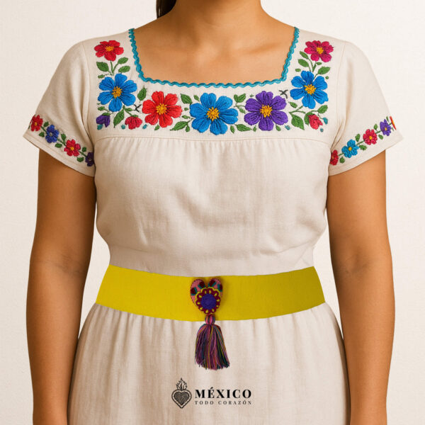 Yellow artisan Mexican waist belt featuring a floral heart embellishment in multicolor felt