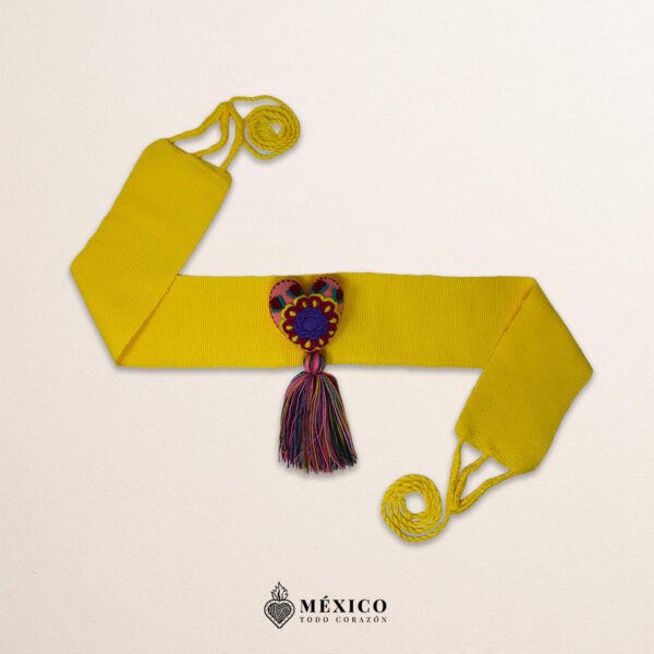 Yellow artisan Mexican waist belt featuring a floral heart embellishment in multicolor felt