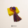 Yellow artisan Mexican waist belt featuring a floral heart embellishment in multicolor felt