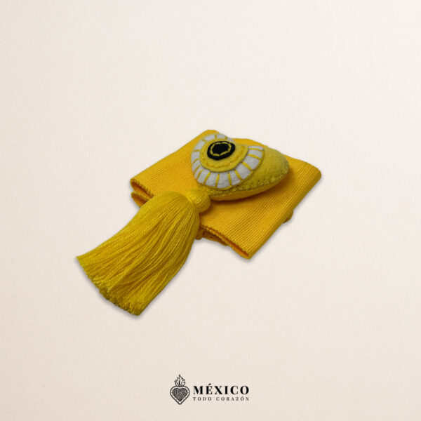 Yellow artisan Mexican waist belt featuring a heart embellishment crafted in yellow felt