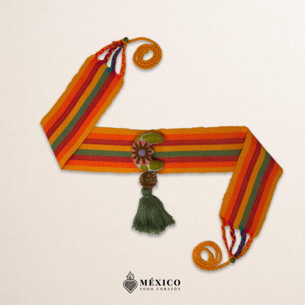 Multicolor artisan Mexican waist belt featuring a floral moon embellishment in felt appliqué