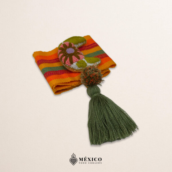 Multicolor artisan Mexican waist belt featuring a floral moon embellishment in felt appliqué