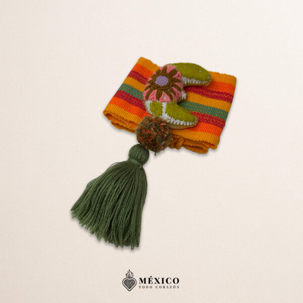 Multicolor artisan Mexican waist belt featuring a floral moon embellishment in felt appliqué