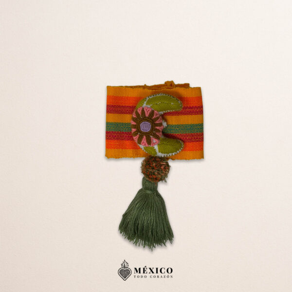Multicolor artisan Mexican waist belt featuring a floral moon embellishment in felt appliqué