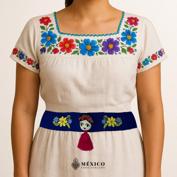 Blue Artisan Waist Belt – Floral Embroidery & Mexican Doll Embellishment