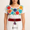 Red artisan Mexican waist belt featuring a floral heart embellishment in felt appliqué