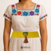 Yellow artisan Mexican waist belt featuring a floral heart embellishment in multicolor felt