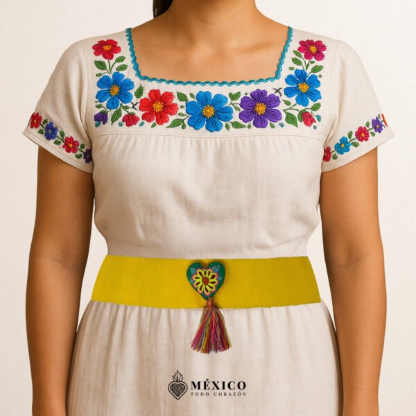 Yellow artisan Mexican waist belt featuring a floral heart embellishment in multicolor felt