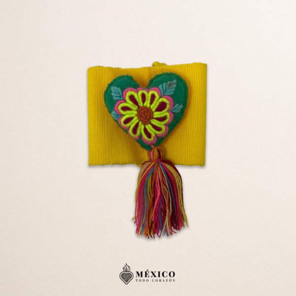 Yellow artisan Mexican waist belt featuring a floral heart embellishment in multicolor felt
