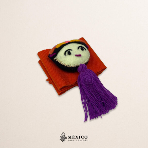 Orange artisan Mexican waist belt featuring a Mexican doll embellishment in felt appliqué