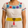 Yellow artisan Mexican waist belt featuring a floral heart embellishment in felt appliqué