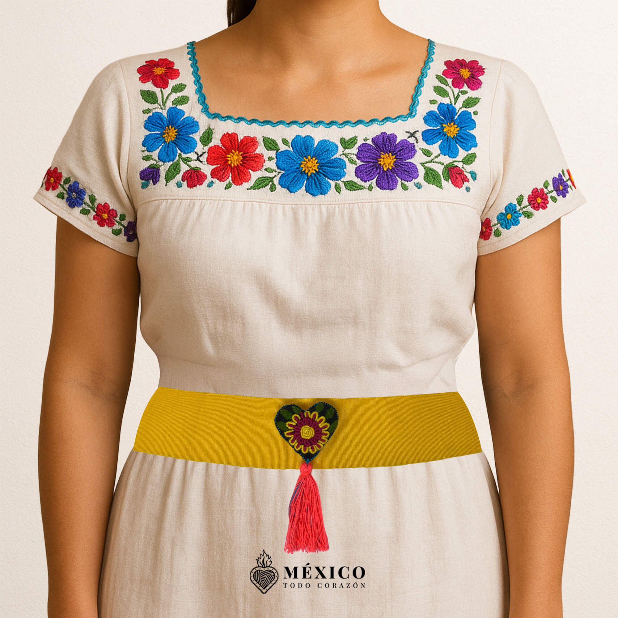 Yellow artisan Mexican waist belt featuring a floral heart embellishment in felt appliqué