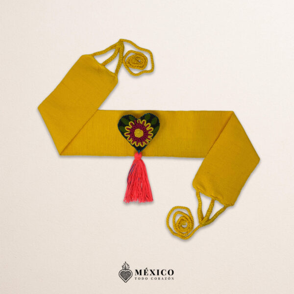 Yellow artisan Mexican waist belt featuring a floral heart embellishment in felt appliqué