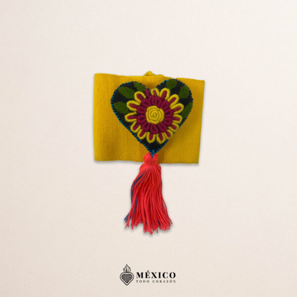 Yellow artisan Mexican waist belt featuring a floral heart embellishment in felt appliqué