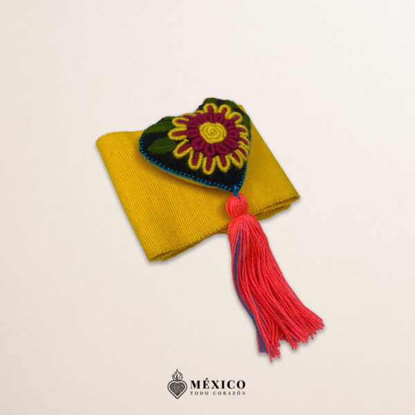 Yellow artisan Mexican waist belt featuring a floral heart embellishment in felt appliqué