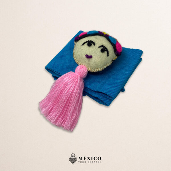 Light blue artisan waist belt featuring a Mexican doll embellishment in felt appliqué