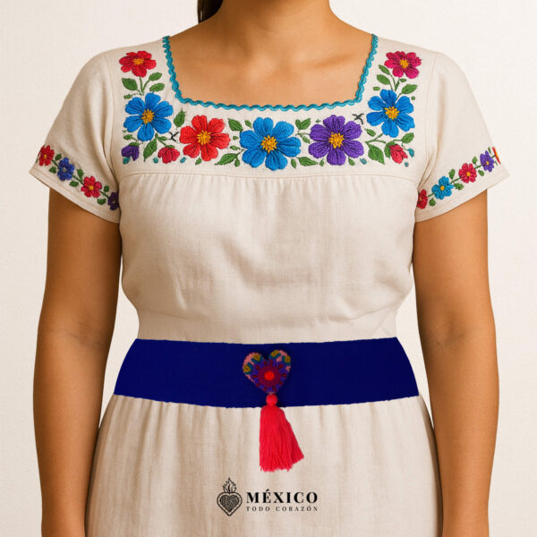 Navy blue artisan Mexican waist belt featuring a heart embellishment in felt appliqué