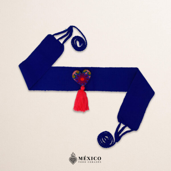 Navy blue artisan Mexican waist belt featuring a heart embellishment in felt appliqué