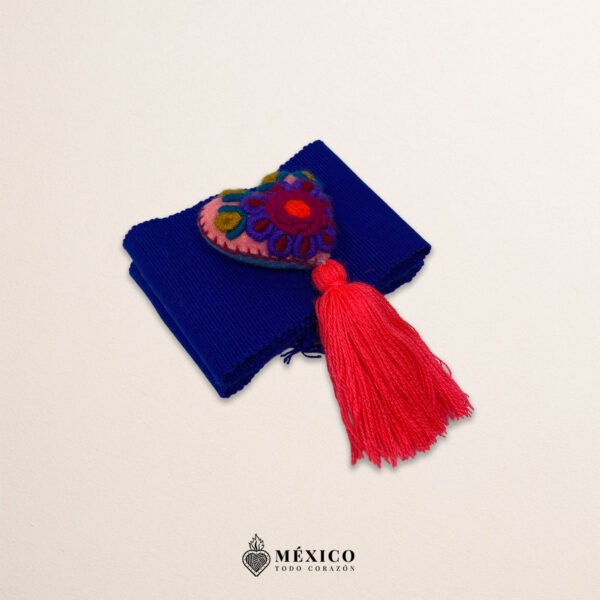 Navy blue artisan Mexican waist belt featuring a heart embellishment in felt appliqué