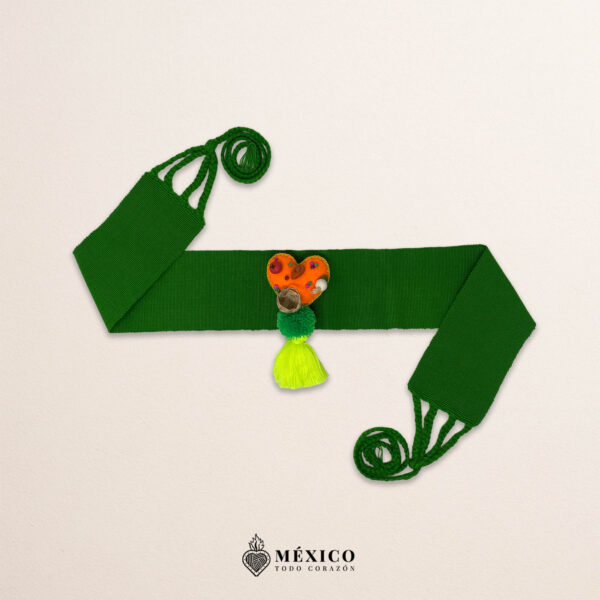 Green artisan Mexican waist belt featuring an orange heart embellishment in felt appliqué