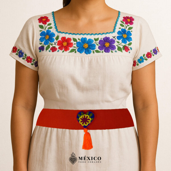 Orange artisan Mexican waist belt featuring a floral heart embellishment in felt appliqué