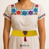 Yellow artisan Mexican waist belt featuring a floral heart embellishment in multicolor felt