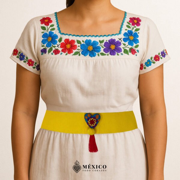 Yellow artisan Mexican waist belt featuring a floral heart embellishment in multicolor felt
