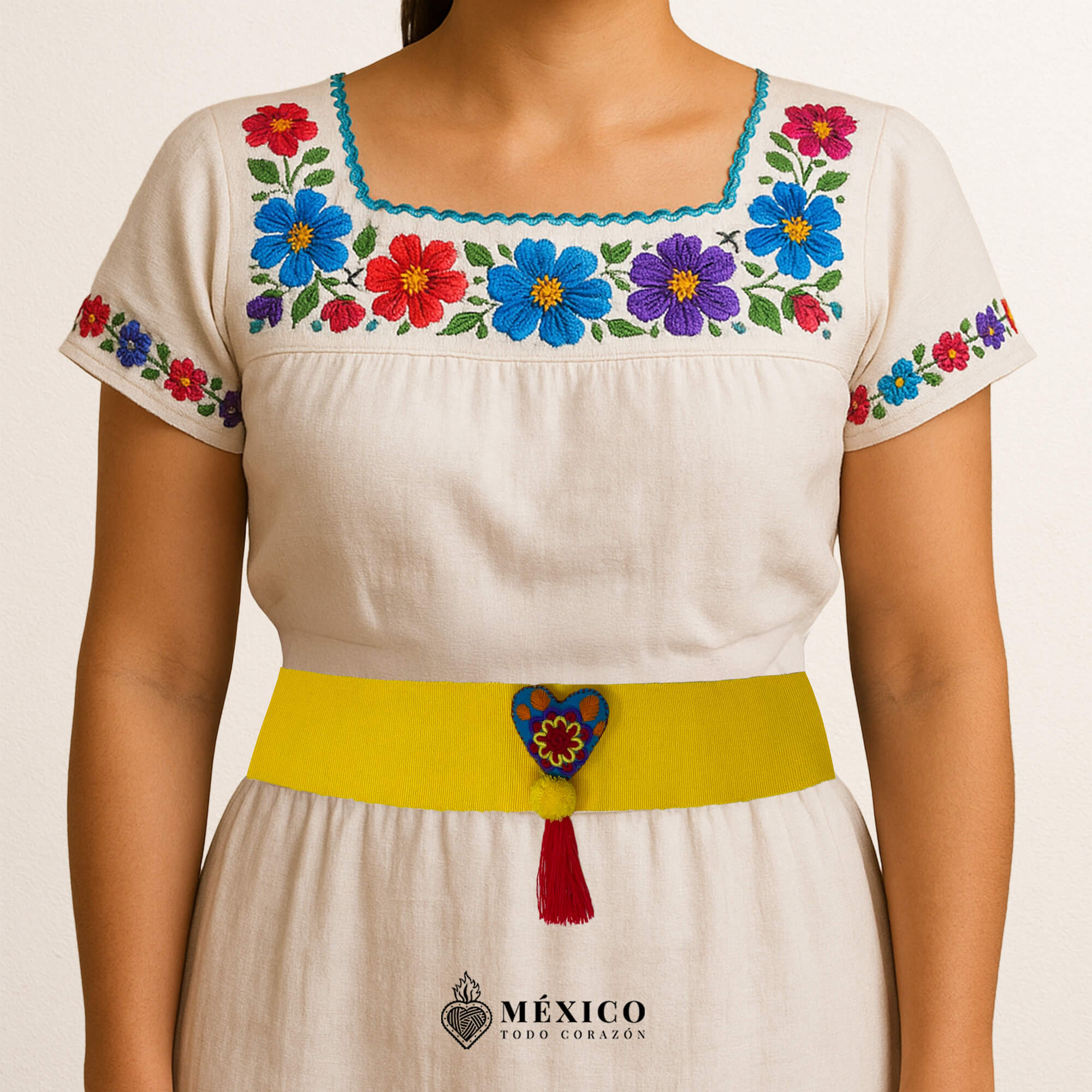 Yellow artisan Mexican waist belt featuring a floral heart embellishment in multicolor felt