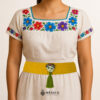 Yellow artisan Mexican waist belt featuring a Mexican doll embellishment in felt appliqué