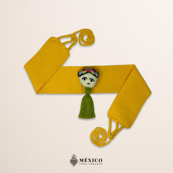 Yellow artisan Mexican waist belt featuring a Mexican doll embellishment in felt appliqué